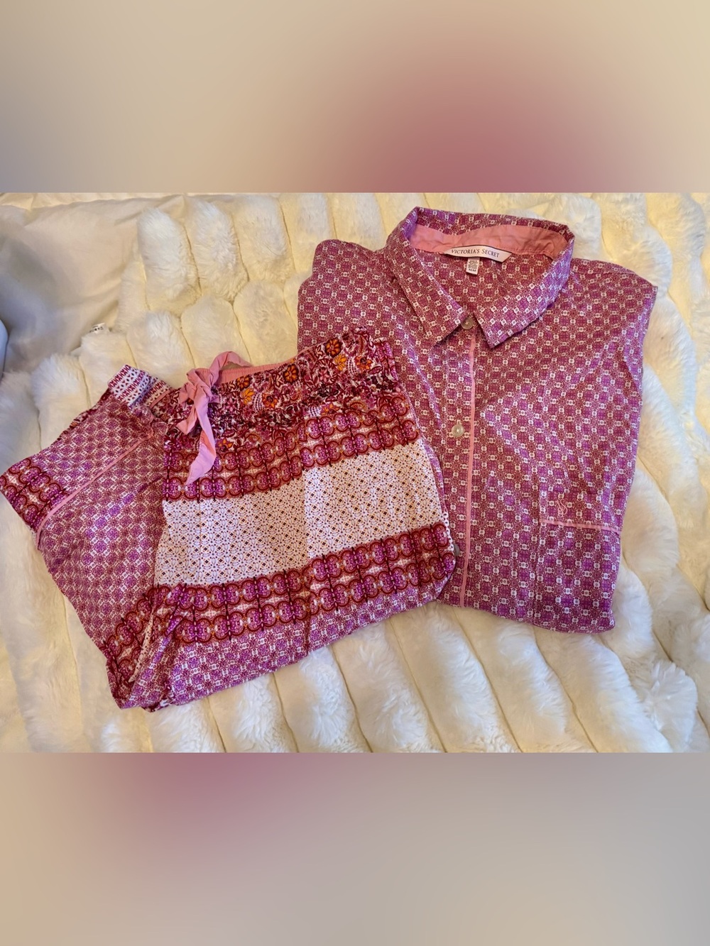 Victoria Secret Pajamas Set Medium Soft Cotton Boho Paisley Floral Pink